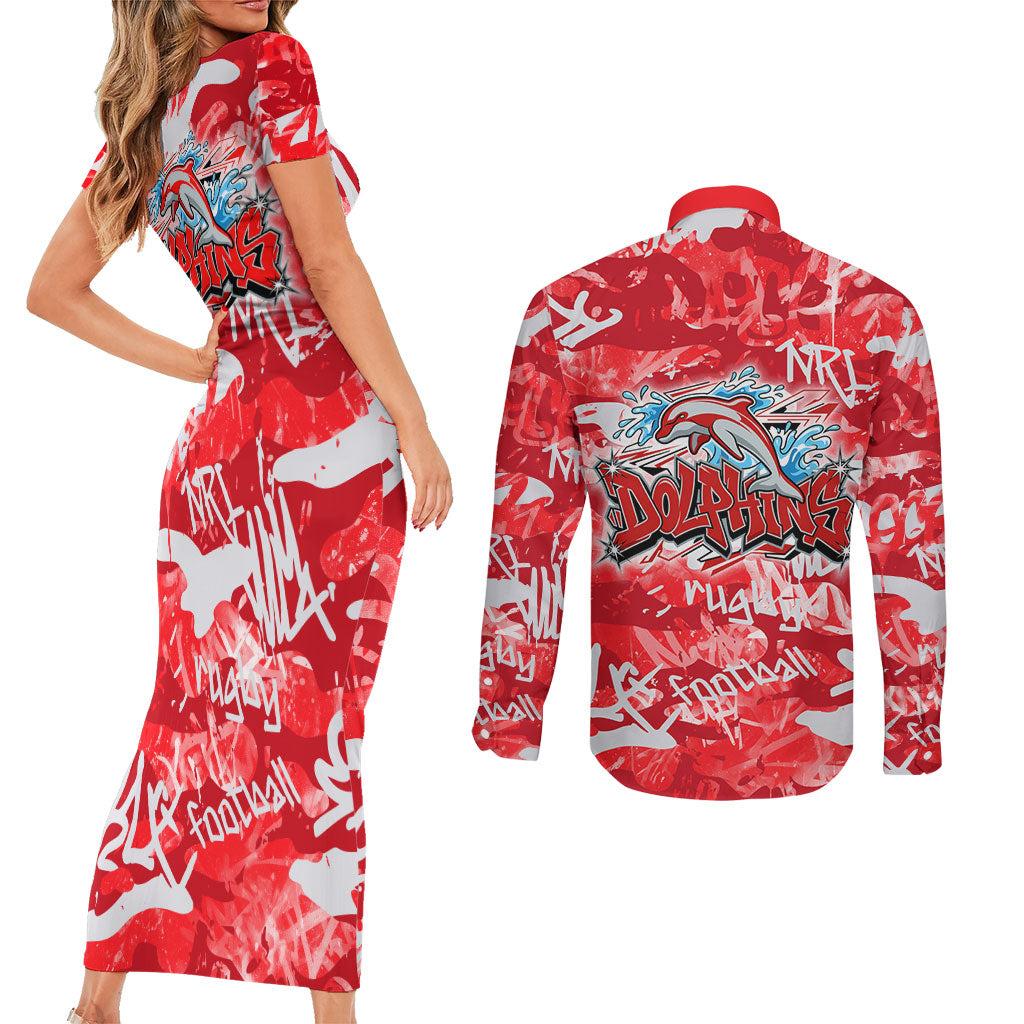 Dolphins Rugby Couples Matching Short Sleeve Bodycon Dress and Long Sleeve Button Shirt Graffiti Typography Urban Camo Abstract Street Style