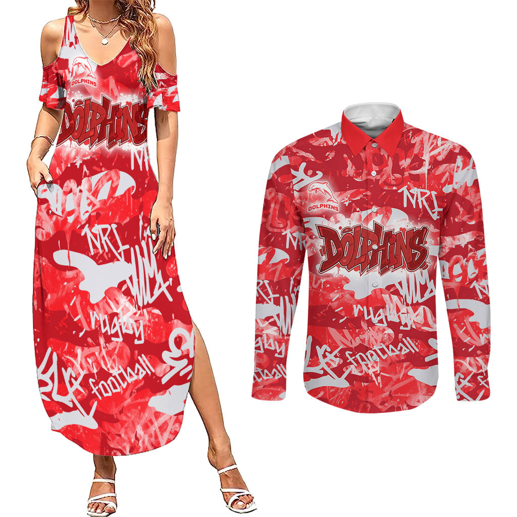 Dolphins Rugby Couples Matching Summer Maxi Dress and Long Sleeve Button Shirt Graffiti Typography Urban Camo Abstract Street Style