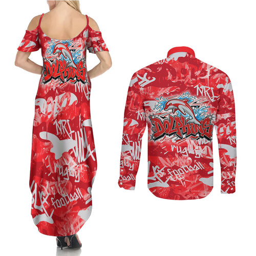 Dolphins Rugby Couples Matching Summer Maxi Dress and Long Sleeve Button Shirt Graffiti Typography Urban Camo Abstract Street Style