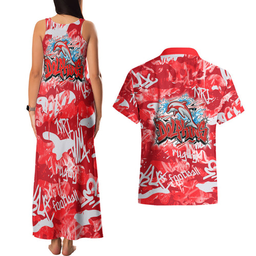 Dolphins Rugby Couples Matching Tank Maxi Dress and Hawaiian Shirt Graffiti Typography Urban Camo Abstract Street Style