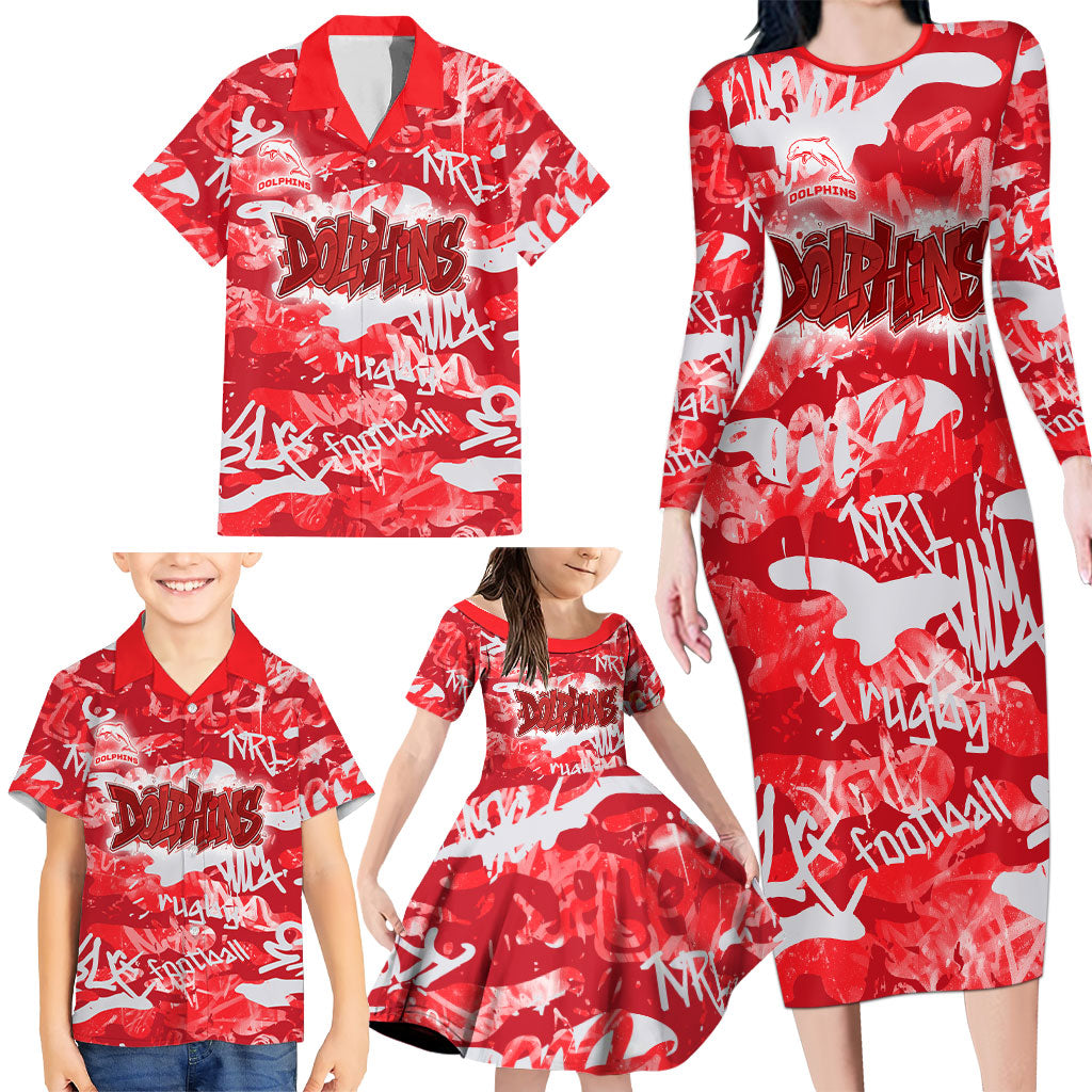 Dolphins Rugby Family Matching Long Sleeve Bodycon Dress and Hawaiian Shirt Graffiti Typography Urban Camo Abstract Street Style
