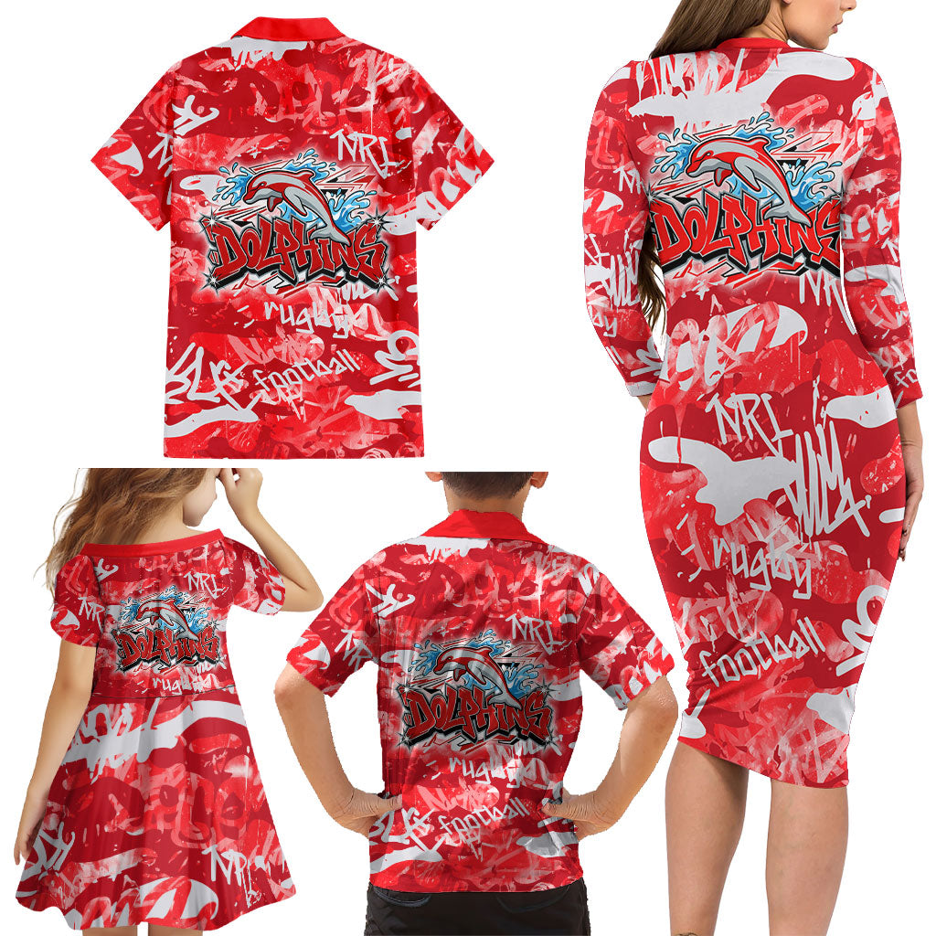 Dolphins Rugby Family Matching Long Sleeve Bodycon Dress and Hawaiian Shirt Graffiti Typography Urban Camo Abstract Street Style