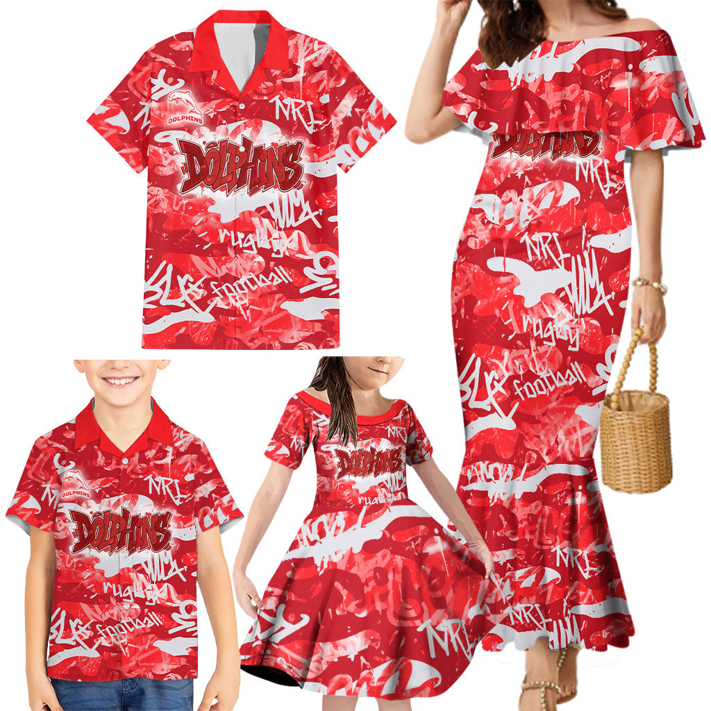 Dolphins Rugby Family Matching Mermaid Dress and Hawaiian Shirt Graffiti Typography Urban Camo Abstract Street Style