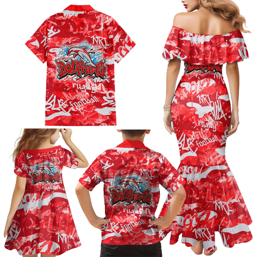 Dolphins Rugby Family Matching Mermaid Dress and Hawaiian Shirt Graffiti Typography Urban Camo Abstract Street Style