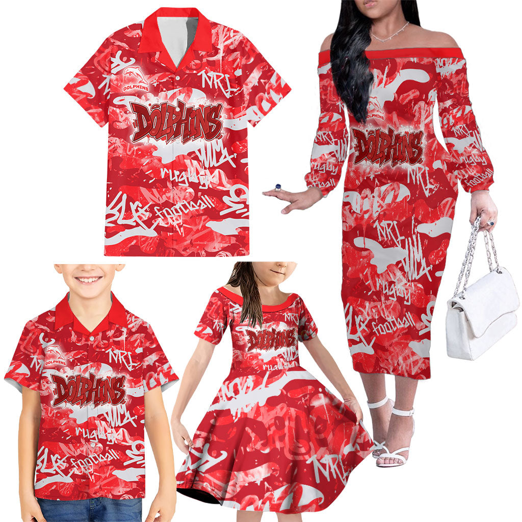 Dolphins Rugby Family Matching Off The Shoulder Long Sleeve Dress and Hawaiian Shirt Graffiti Typography Urban Camo Abstract Street Style