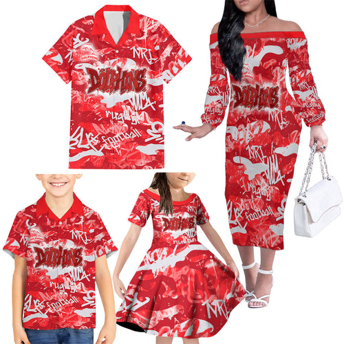 Dolphins Rugby Family Matching Off The Shoulder Long Sleeve Dress and Hawaiian Shirt Graffiti Typography Urban Camo Abstract Street Style