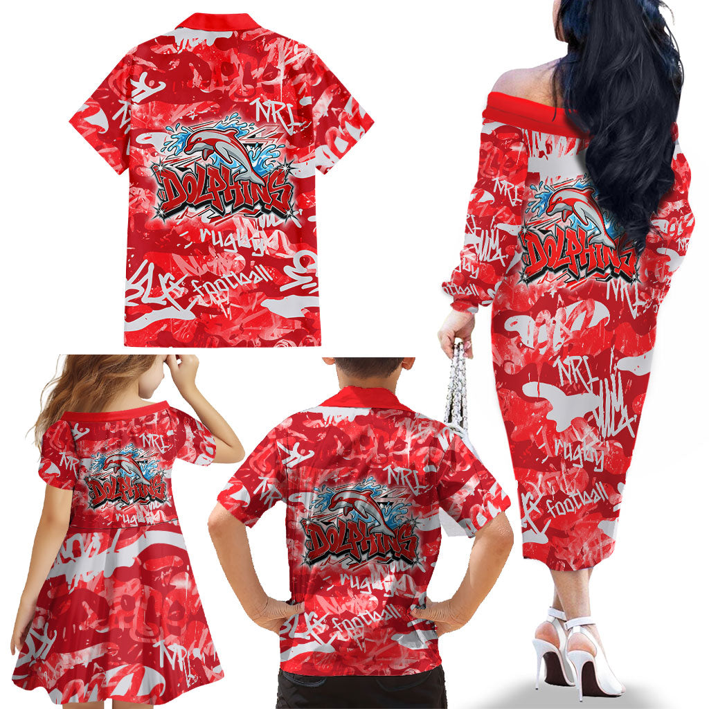 Dolphins Rugby Family Matching Off The Shoulder Long Sleeve Dress and Hawaiian Shirt Graffiti Typography Urban Camo Abstract Street Style