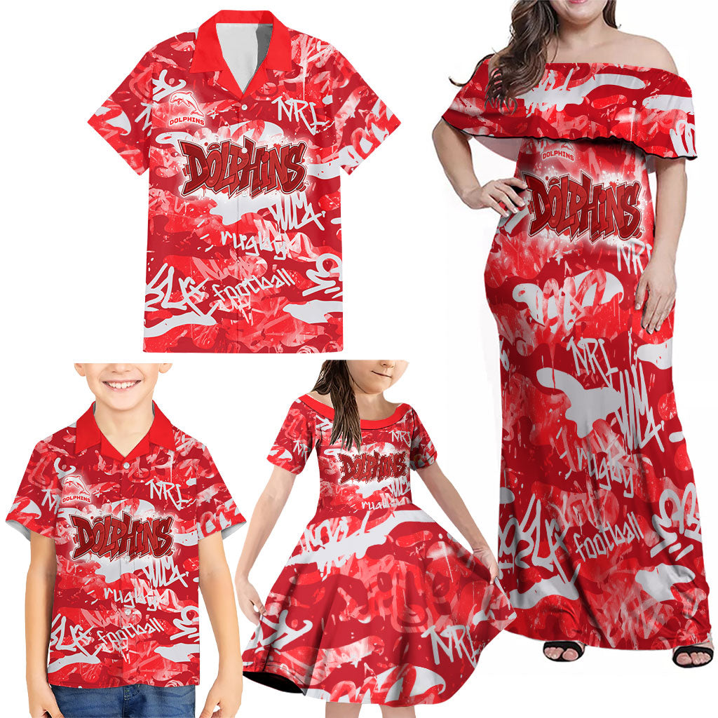 Dolphins Rugby Family Matching Off Shoulder Maxi Dress and Hawaiian Shirt Graffiti Typography Urban Camo Abstract Street Style