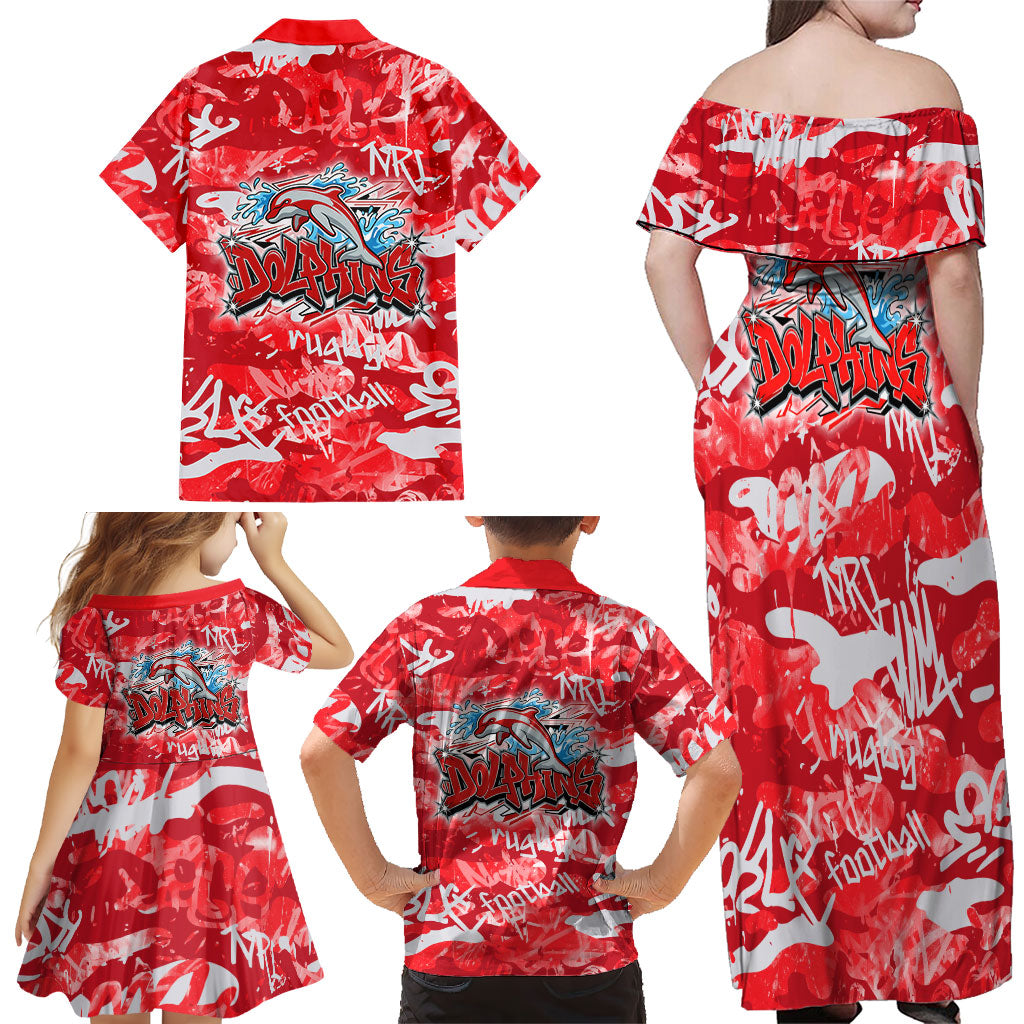 Dolphins Rugby Family Matching Off Shoulder Maxi Dress and Hawaiian Shirt Graffiti Typography Urban Camo Abstract Street Style