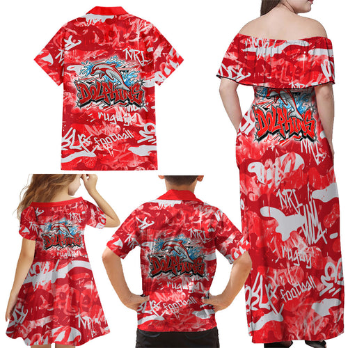 Dolphins Rugby Family Matching Off Shoulder Maxi Dress and Hawaiian Shirt Graffiti Typography Urban Camo Abstract Street Style