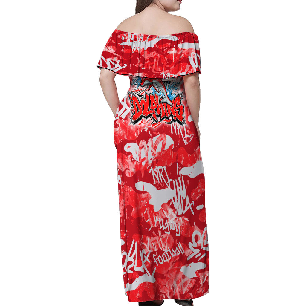 Dolphins Rugby Family Matching Off Shoulder Maxi Dress and Hawaiian Shirt Graffiti Typography Urban Camo Abstract Street Style