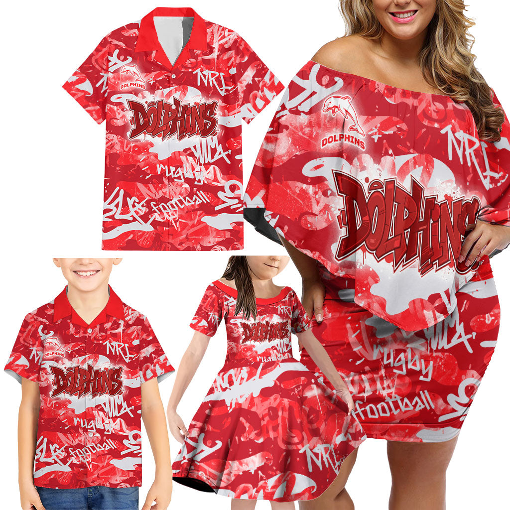 Dolphins Rugby Family Matching Off Shoulder Short Dress and Hawaiian Shirt Graffiti Typography Urban Camo Abstract Street Style