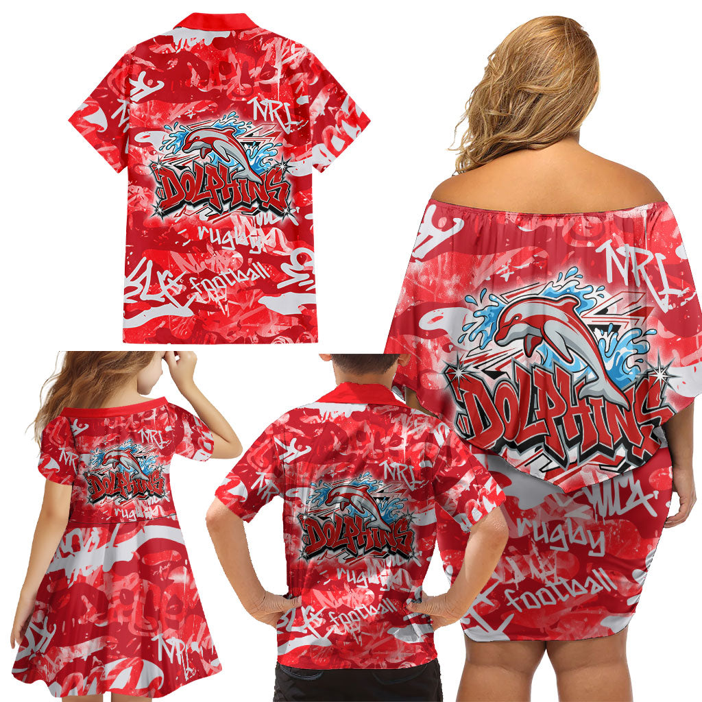 Dolphins Rugby Family Matching Off Shoulder Short Dress and Hawaiian Shirt Graffiti Typography Urban Camo Abstract Street Style