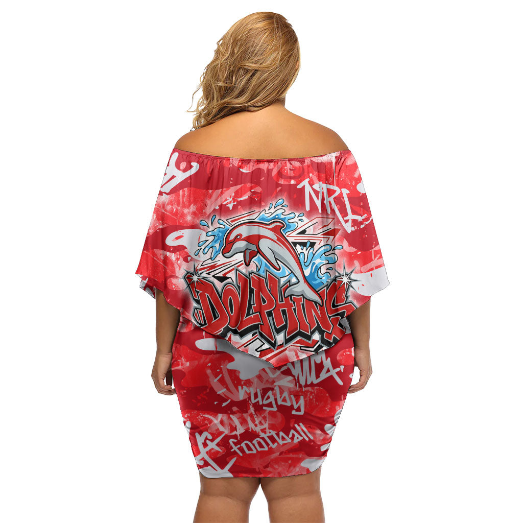 Dolphins Rugby Family Matching Off Shoulder Short Dress and Hawaiian Shirt Graffiti Typography Urban Camo Abstract Street Style