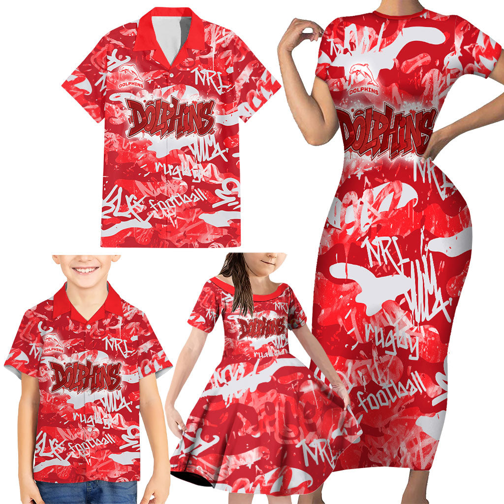 Dolphins Rugby Family Matching Short Sleeve Bodycon Dress and Hawaiian Shirt Graffiti Typography Urban Camo Abstract Street Style