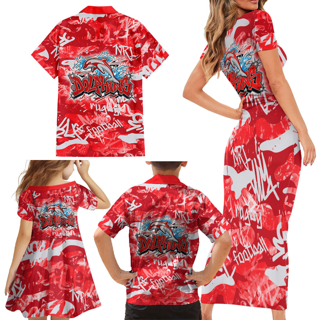 Dolphins Rugby Family Matching Short Sleeve Bodycon Dress and Hawaiian Shirt Graffiti Typography Urban Camo Abstract Street Style