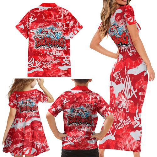 Dolphins Rugby Family Matching Short Sleeve Bodycon Dress and Hawaiian Shirt Graffiti Typography Urban Camo Abstract Street Style