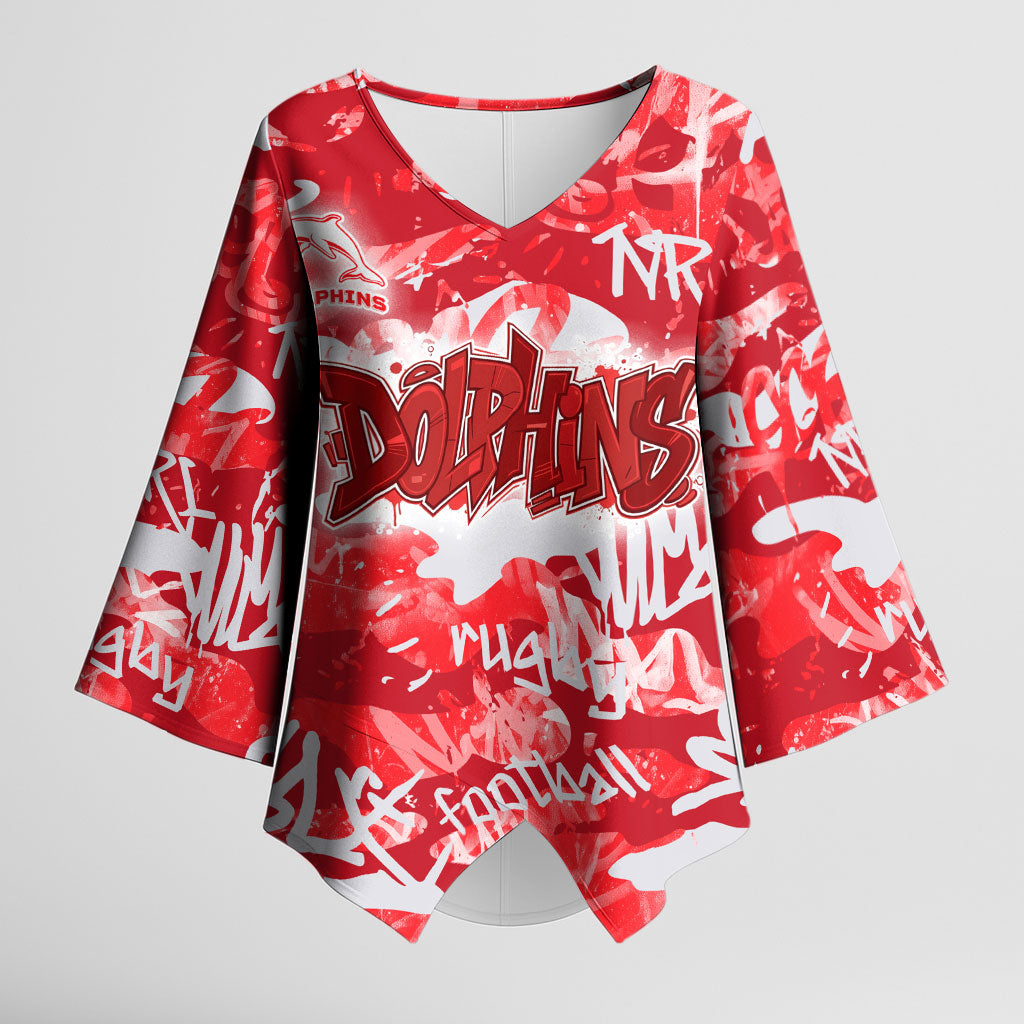 Dolphins Rugby Kimono Sleeve Blouse Graffiti Typography Urban Camo Abstract Street Style