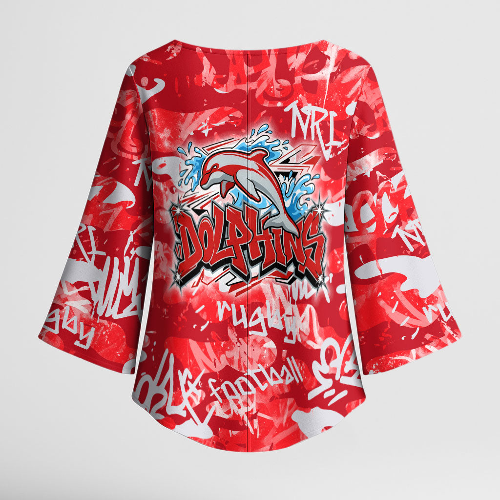 Dolphins Rugby Kimono Sleeve Blouse Graffiti Typography Urban Camo Abstract Street Style