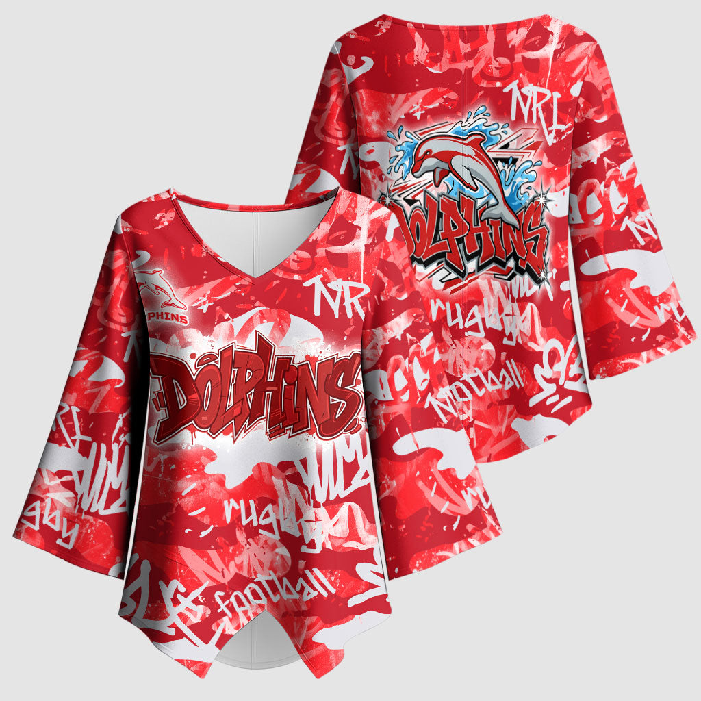 Dolphins Rugby Kimono Sleeve Blouse Graffiti Typography Urban Camo Abstract Street Style