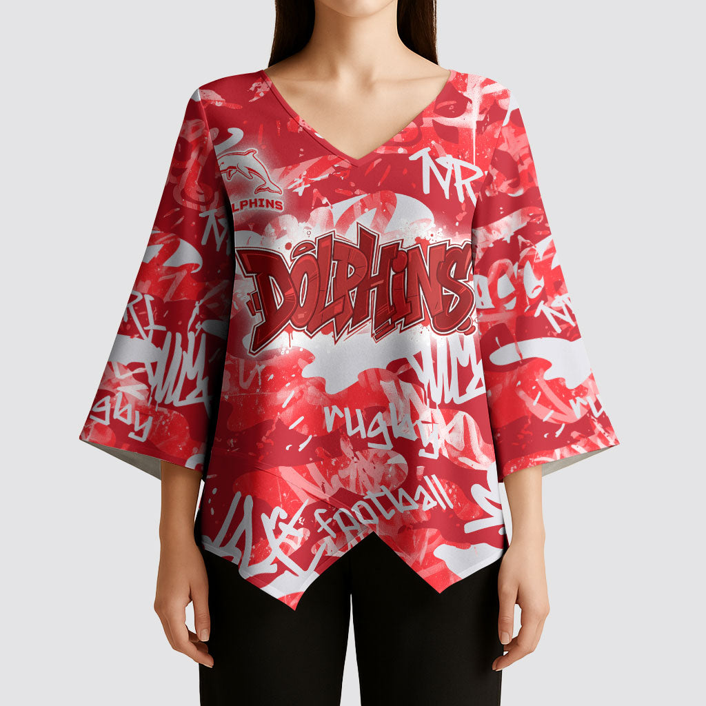Dolphins Rugby Kimono Sleeve Blouse Graffiti Typography Urban Camo Abstract Street Style