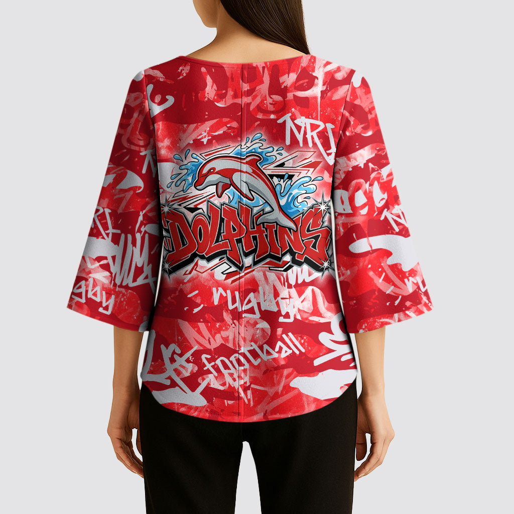Dolphins Rugby Kimono Sleeve Blouse Graffiti Typography Urban Camo Abstract Street Style