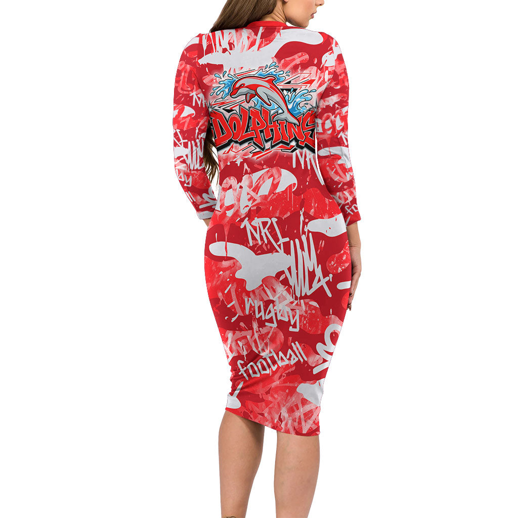 Dolphins Rugby Long Sleeve Bodycon Dress Graffiti Typography Urban Camo Abstract Street Style