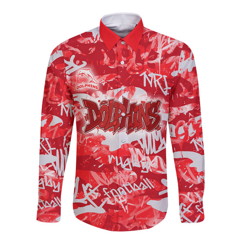 Dolphins Rugby Long Sleeve Button Shirt Graffiti Typography Urban Camo Abstract Street Style