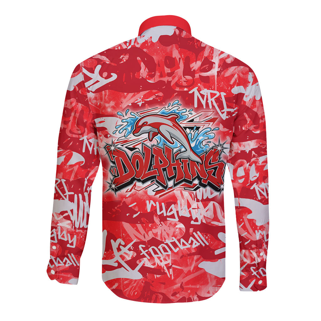 Dolphins Rugby Long Sleeve Button Shirt Graffiti Typography Urban Camo Abstract Street Style