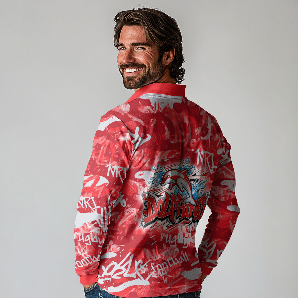 Dolphins Rugby Long Sleeve Polo Shirt Graffiti Typography Urban Camo Abstract Street Style