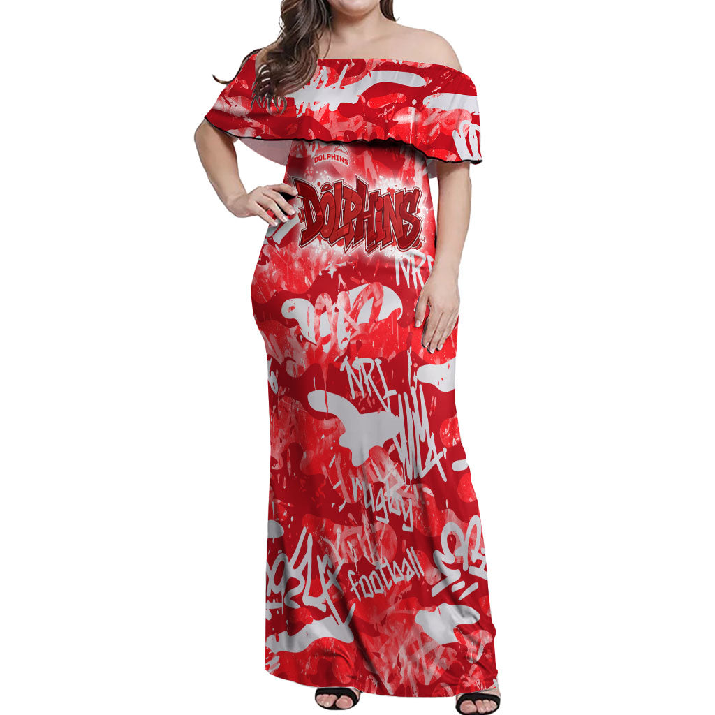Dolphins Rugby Off Shoulder Maxi Dress Graffiti Typography Urban Camo Abstract Street Style