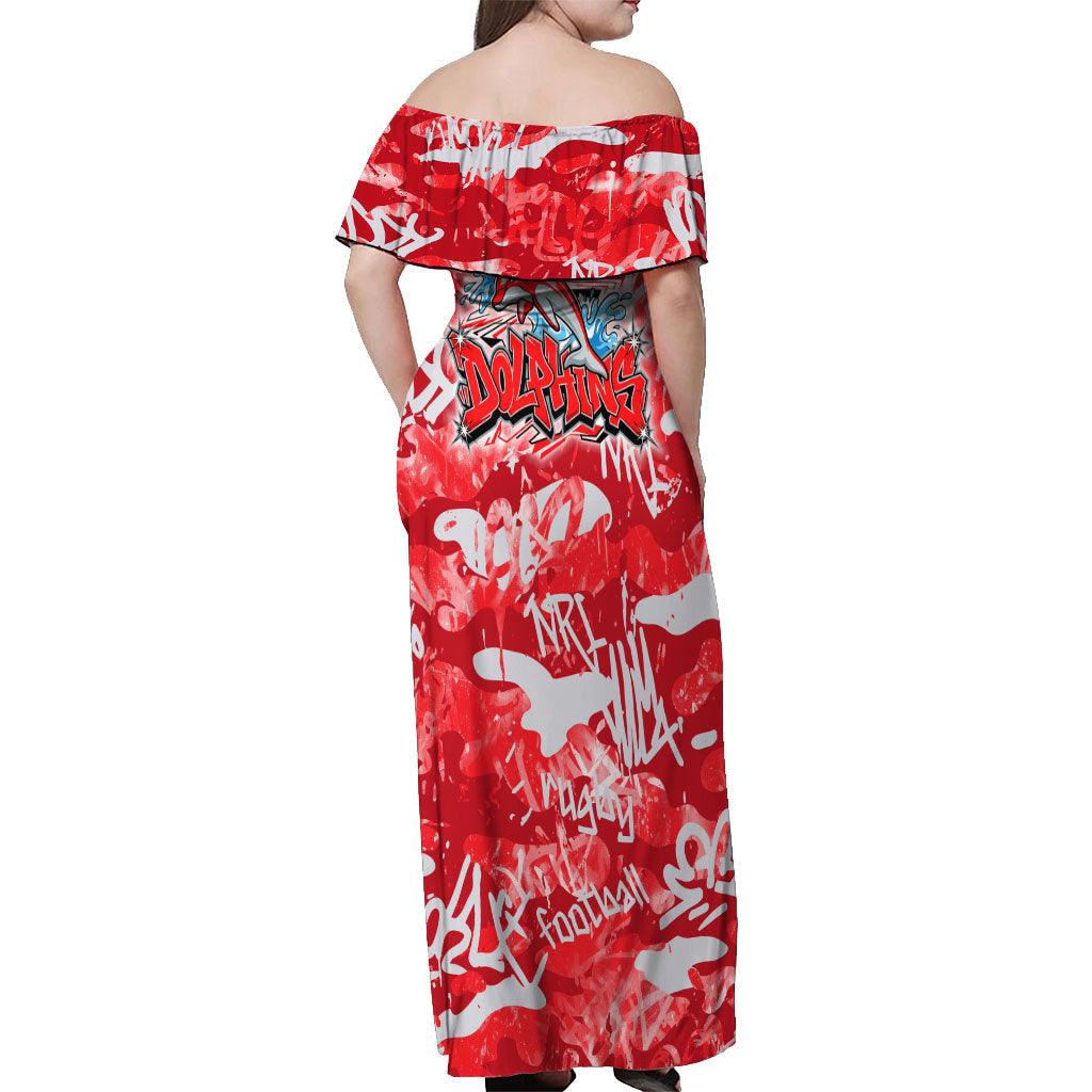 Dolphins Rugby Off Shoulder Maxi Dress Graffiti Typography Urban Camo Abstract Street Style