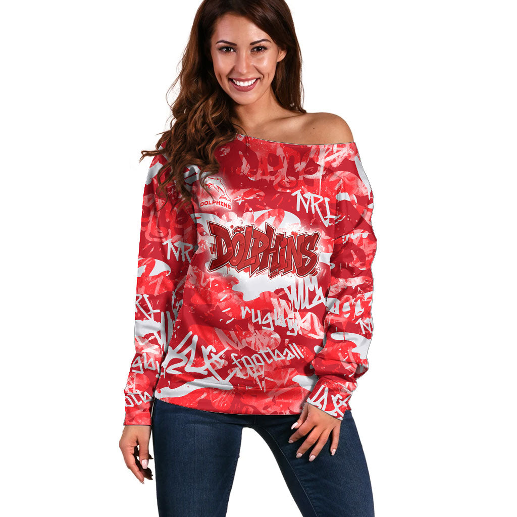 Dolphins Rugby Off Shoulder Sweater Graffiti Typography Urban Camo Abstract Street Style