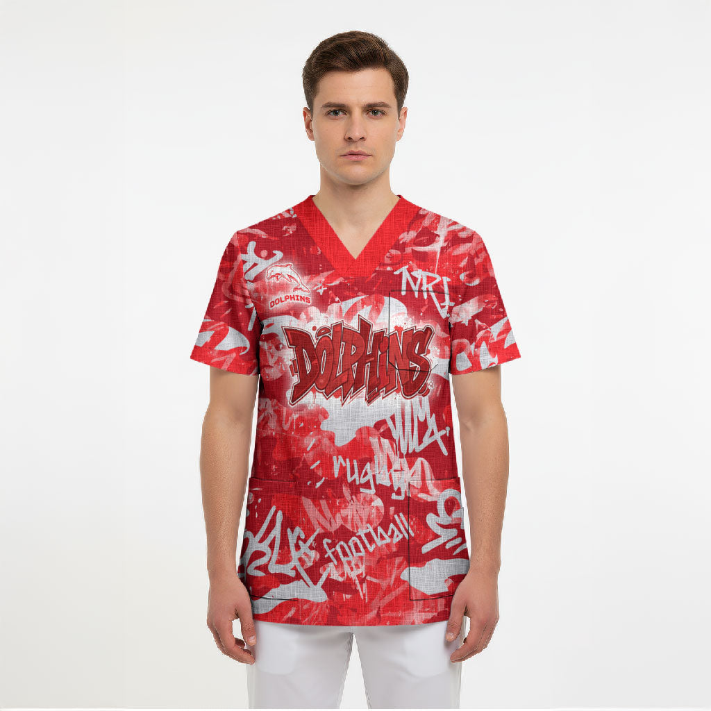 Dolphins Rugby Scrub Top Graffiti Typography Urban Camo Abstract Street Style