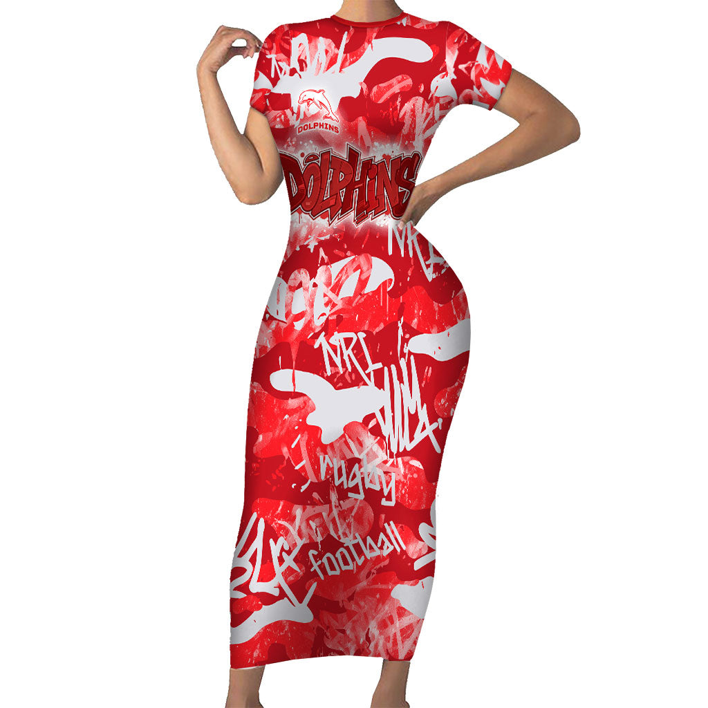 Dolphins Rugby Short Sleeve Bodycon Dress Graffiti Typography Urban Camo Abstract Street Style