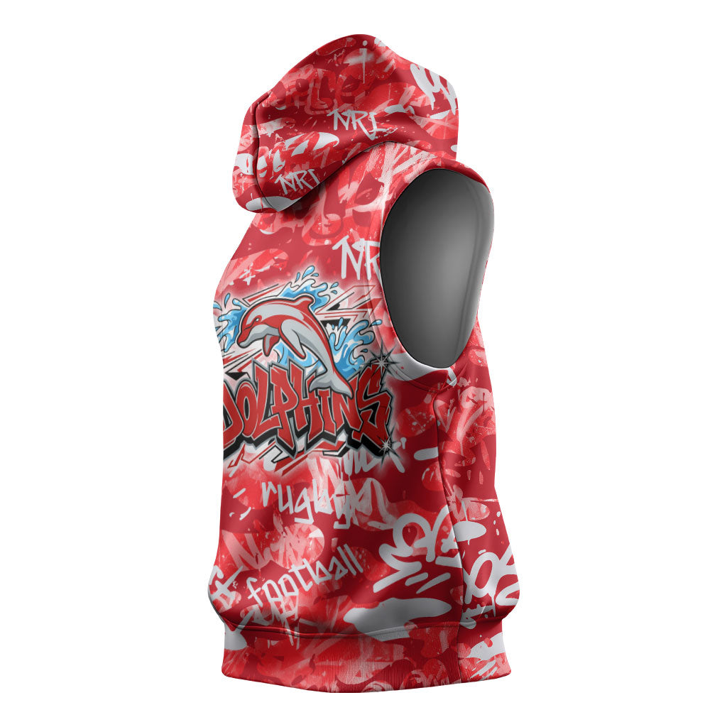 Dolphins Rugby Sleeveless Hoodie Graffiti Typography Urban Camo Abstract Street Style