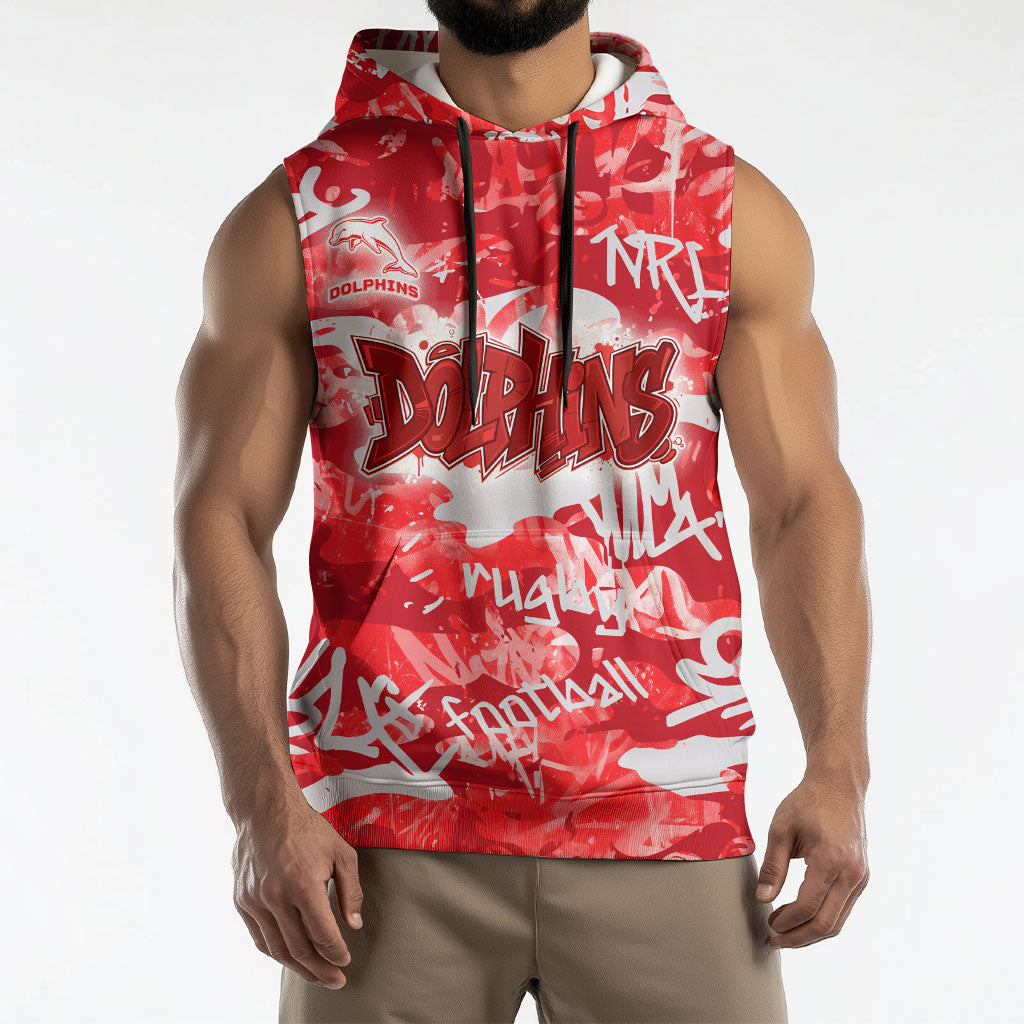 Dolphins Rugby Sleeveless Hoodie Graffiti Typography Urban Camo Abstract Street Style