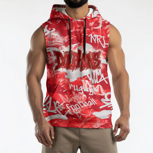 Dolphins Rugby Sleeveless Hoodie Graffiti Typography Urban Camo Abstract Street Style