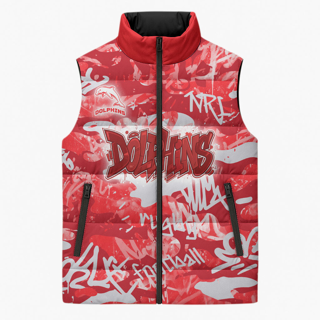 Dolphins Rugby Sleeveless Puffer Jacket Graffiti Typography Urban Camo Abstract Street Style