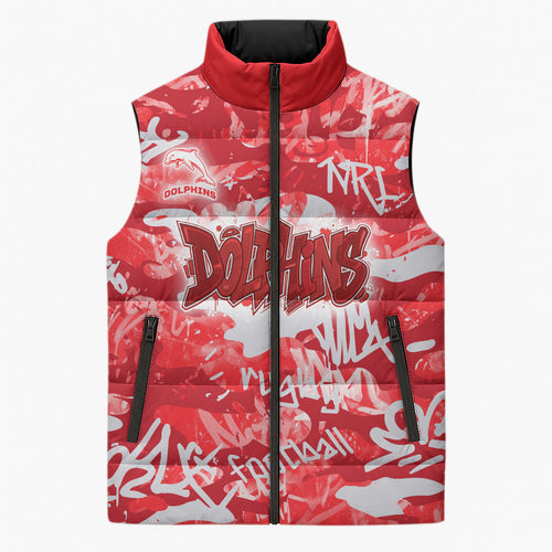 Dolphins Rugby Sleeveless Puffer Jacket Graffiti Typography Urban Camo Abstract Street Style