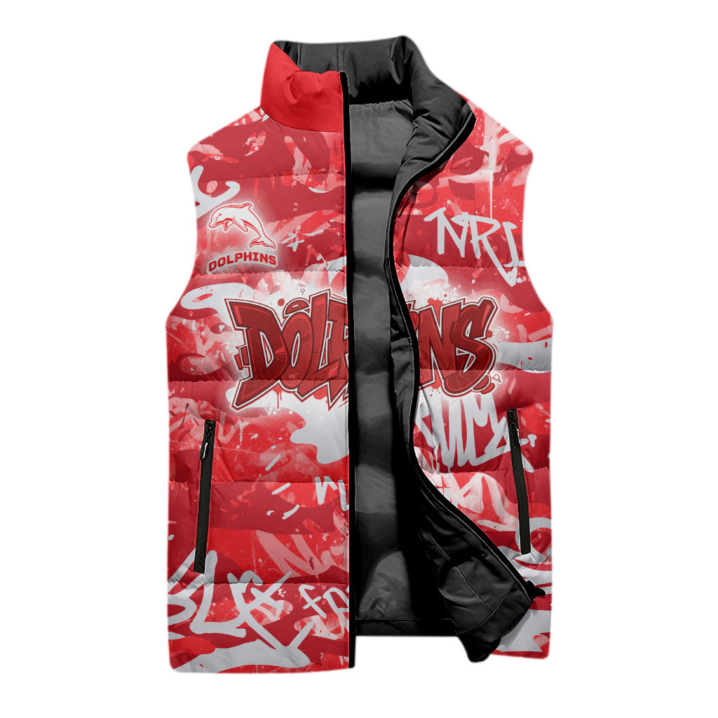 Dolphins Rugby Sleeveless Puffer Jacket Graffiti Typography Urban Camo Abstract Street Style
