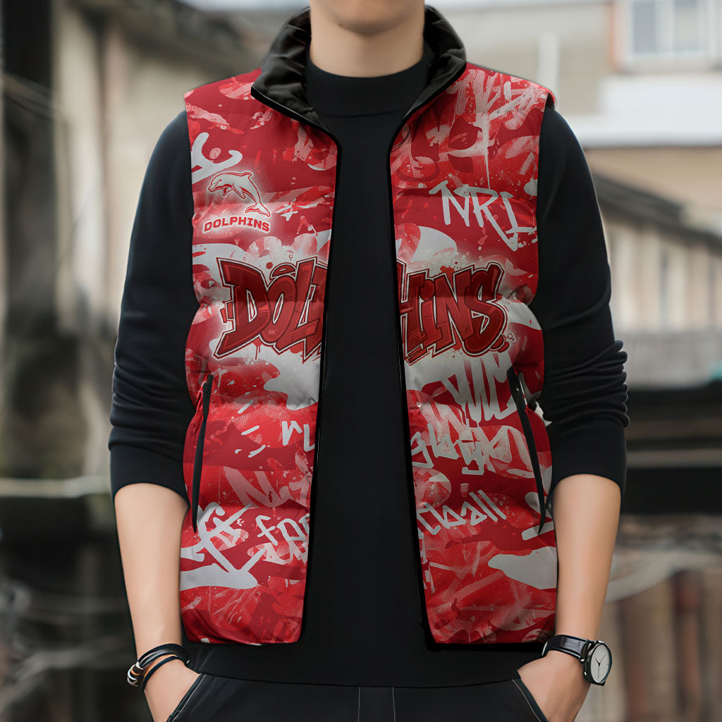 Dolphins Rugby Sleeveless Puffer Jacket Graffiti Typography Urban Camo Abstract Street Style