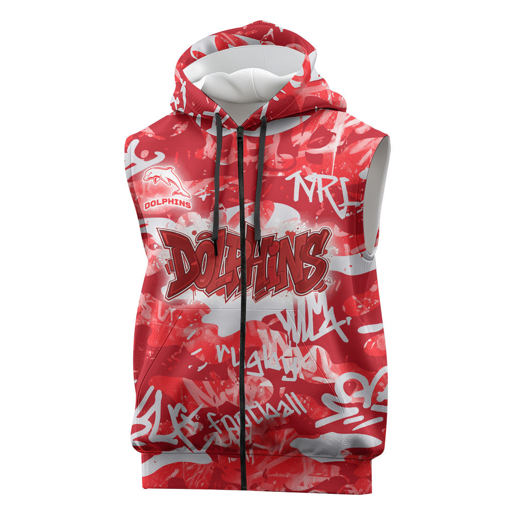 Dolphins Rugby Sleeveless Zip Hoodie Graffiti Typography Urban Camo Abstract Street Style
