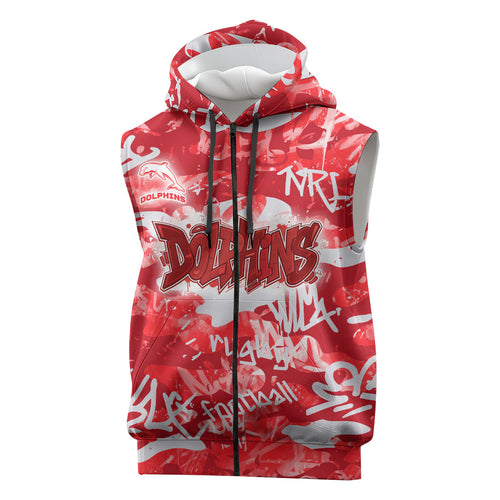 Dolphins Rugby Sleeveless Zip Hoodie Graffiti Typography Urban Camo Abstract Street Style