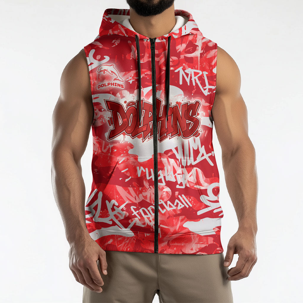 Dolphins Rugby Sleeveless Zip Hoodie Graffiti Typography Urban Camo Abstract Street Style