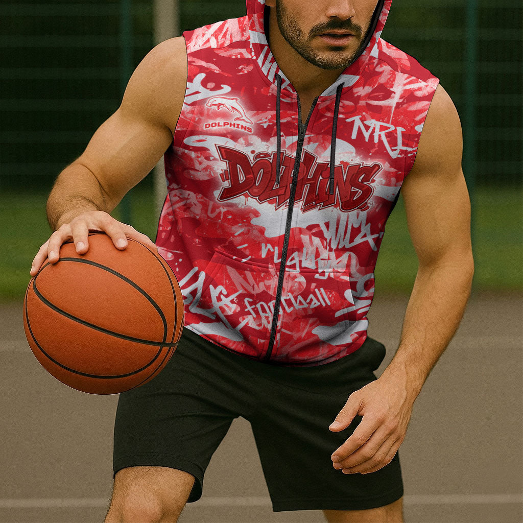 Dolphins Rugby Sleeveless Zip Hoodie Graffiti Typography Urban Camo Abstract Street Style