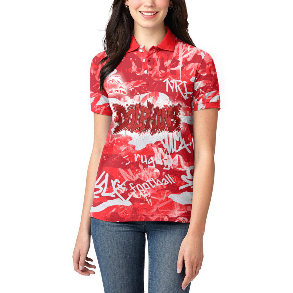 Dolphins Rugby Women Polo Shirt Graffiti Typography Urban Camo Abstract Street Style