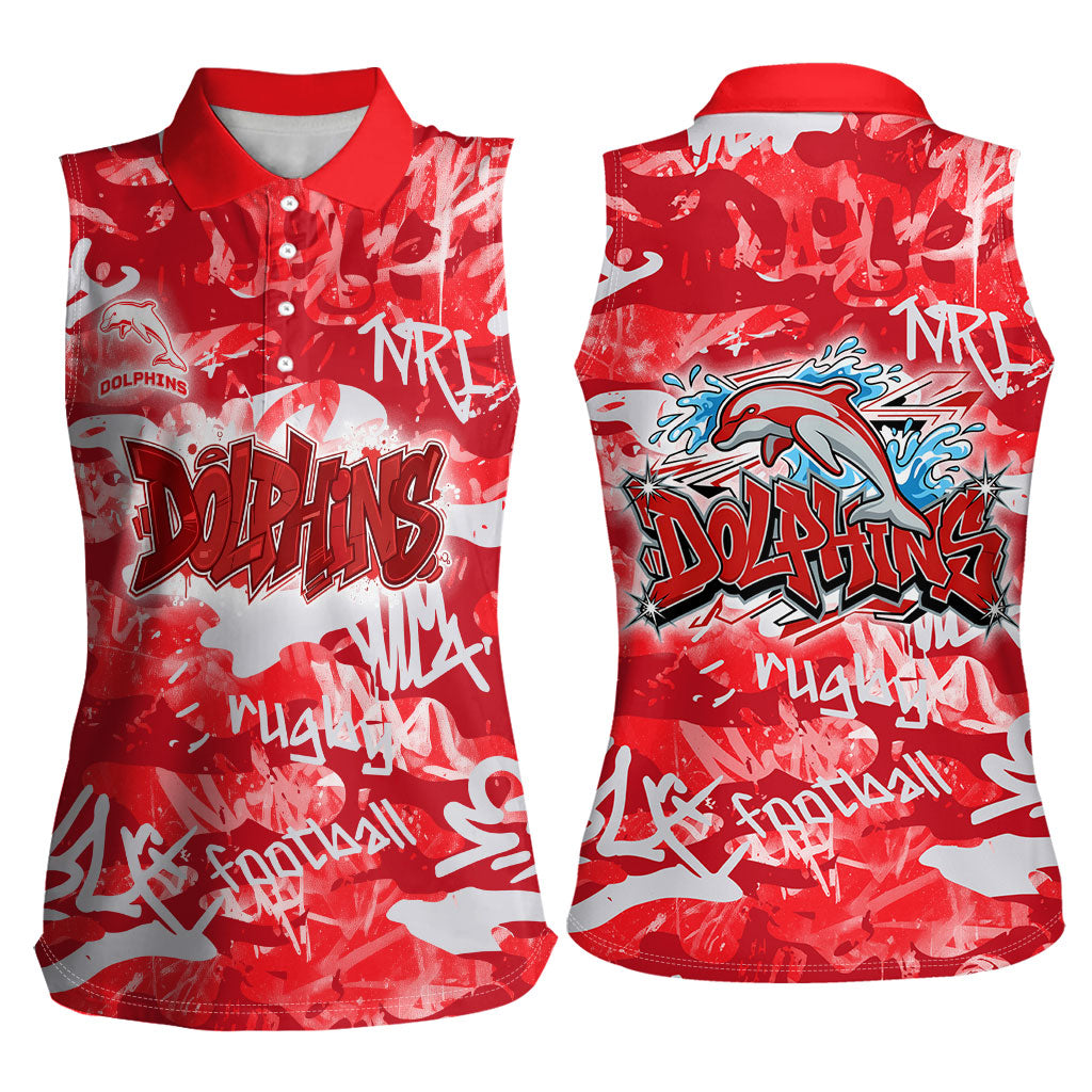 Dolphins Rugby Women Sleeveless Polo Shirt Graffiti Typography Urban Camo Abstract Street Style