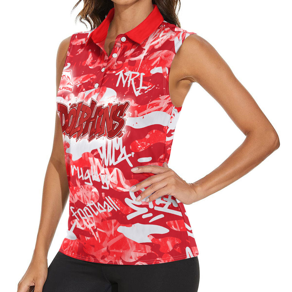 Dolphins Rugby Women Sleeveless Polo Shirt Graffiti Typography Urban Camo Abstract Street Style