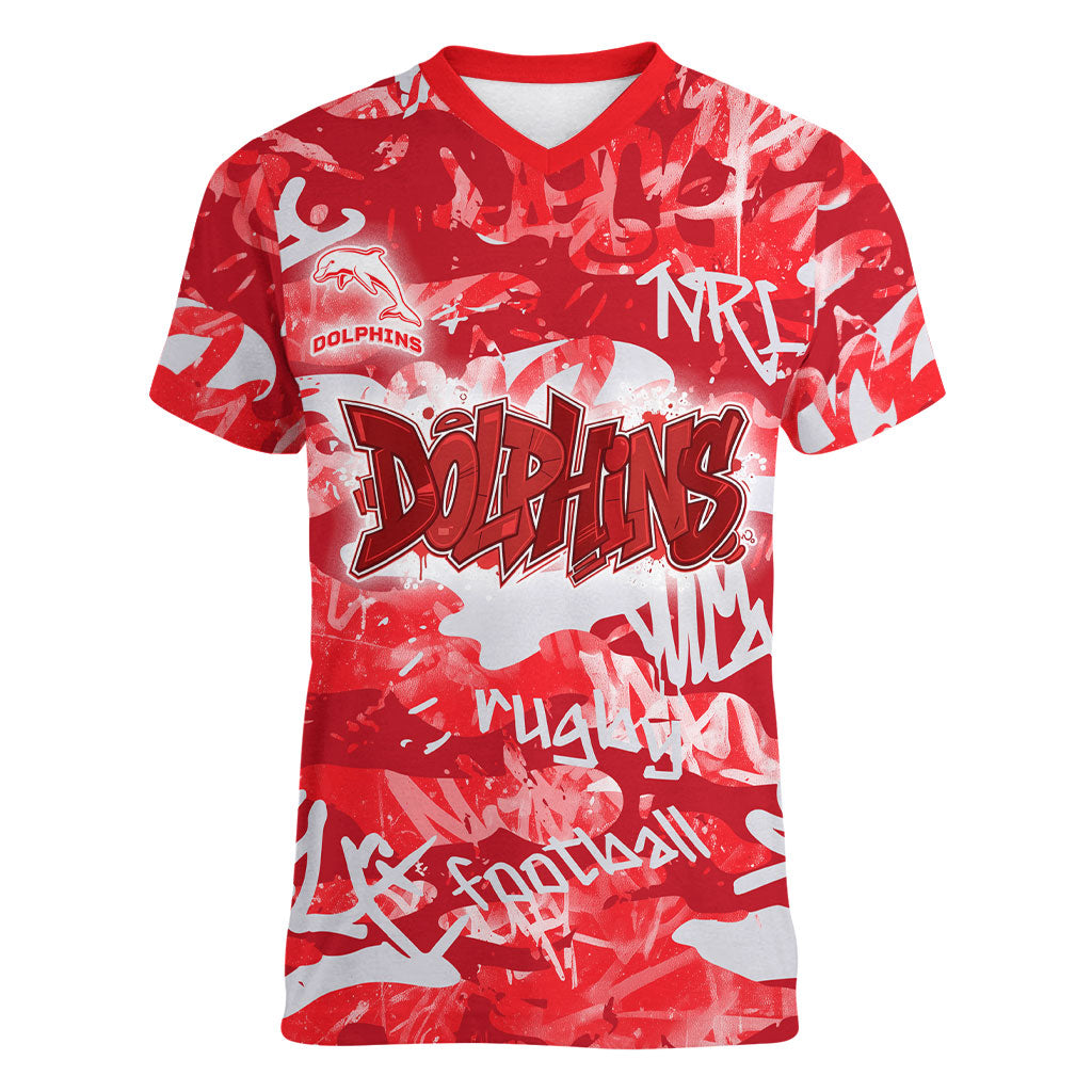 Dolphins Rugby Women V-Neck T-Shirt Graffiti Typography Urban Camo Abstract Street Style